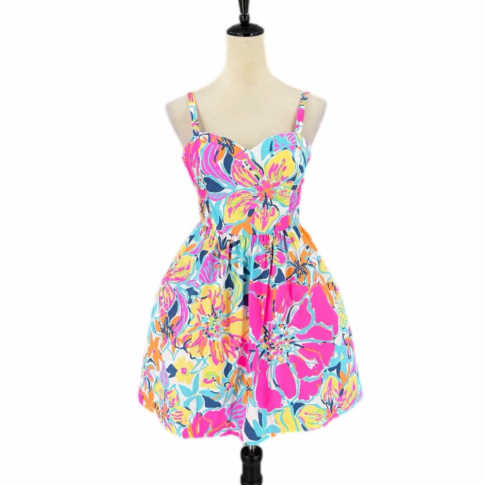 Lilly Pulitzer Pink Multicolor Vibrant Floral Poplin Cotton Y2K Party Mini Dress